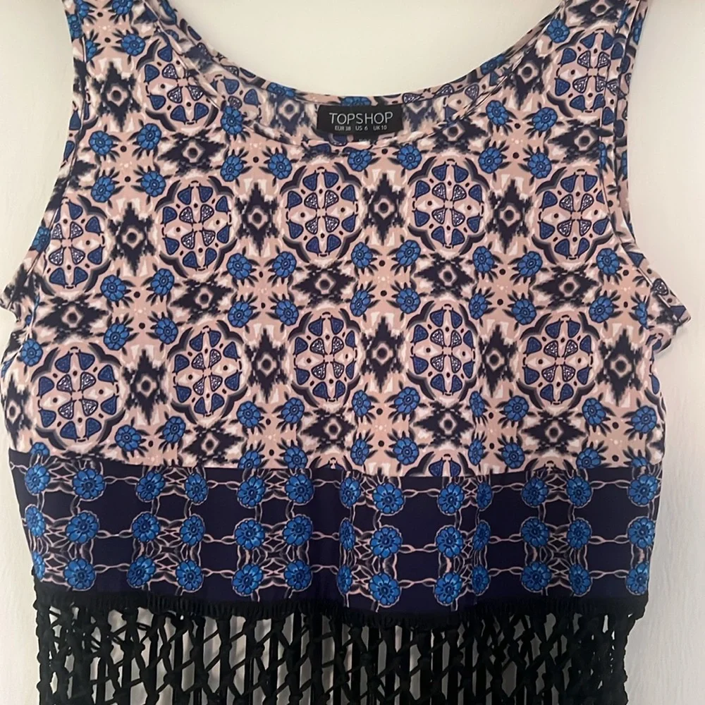 Topshop fringe pink and blue bohemian print festival top sz 6
